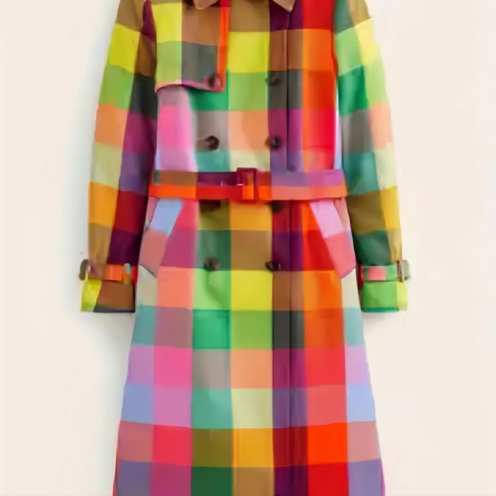 Rainbow Plaid Double Button Ladies Rain Coat. - Picture 4 of 10
